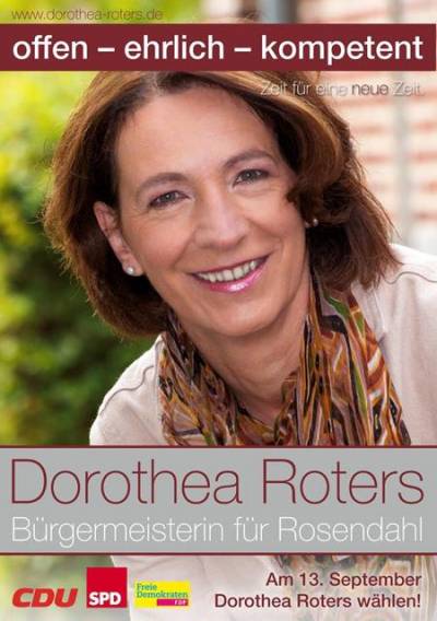 offen - ehrlich - kompetent

was damit gemeint ist, erklärt Dorothea Roters so: selbstverständlich gehört die fachliche Qualifikation zum Amt, aber auch die Kompetenz auf Bürgerinnen und Bürger zuzugehen, denn nur so lässt sich bewegen, was die Menschen bewegt! 